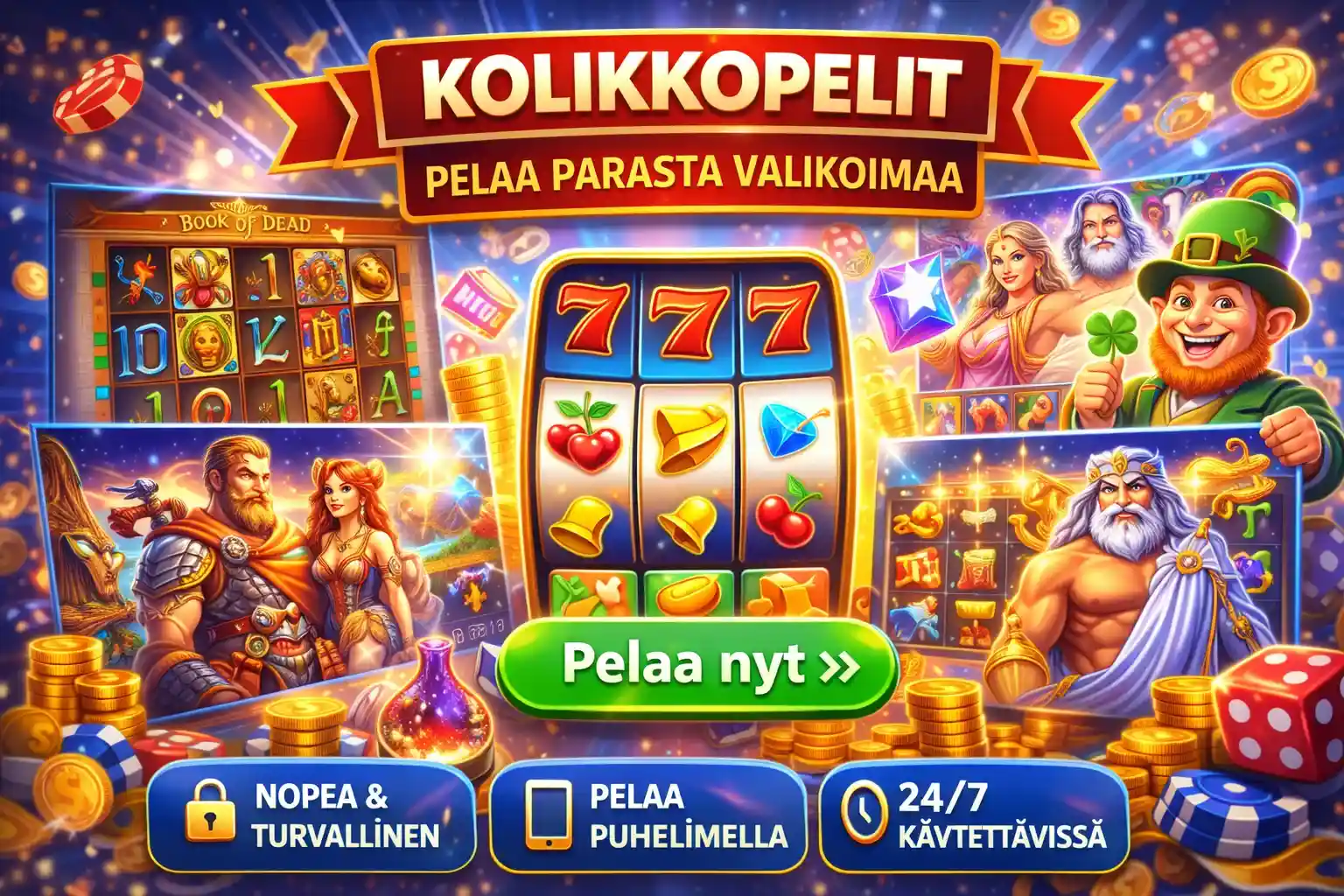 Kolikkopelit banneri suosituilla slot-peleillä ja suurilla voittosymboleilla