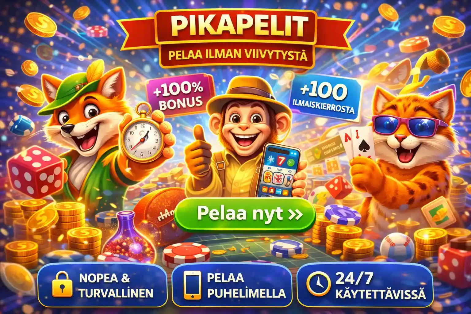 Pikapelit banneri nopeisiin kasinopeleihin bonuksilla ja kolikkopeleillä